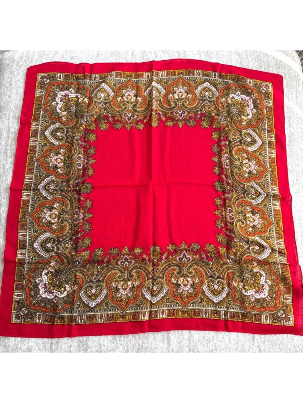 Vibrant Red Paisley Square 100% Virgin Wool Scarf Fall Winter Made in Japan